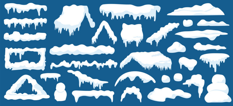 snow caps, snowy ice and frozen icicles featured as vector cartoon icons and isolated on transparent background, featuring abstract snow frost caps and icicles of house roof shape perfect for Christma