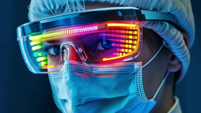 Close up portrait of a medical professional wearing a surgical cap face mask and protective glasses reflecting colorful digital data information on a dark blue background with dramatic lighting