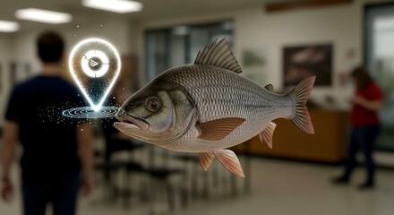 Augmented Reality Fish Displayed with Glowing Location Marker in