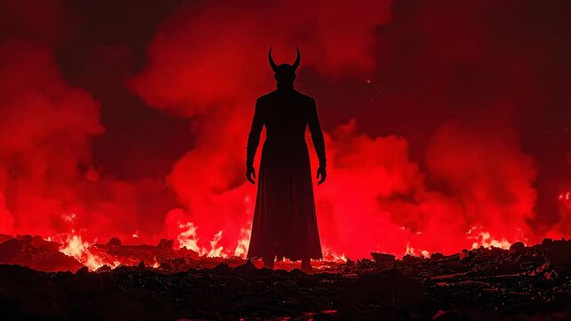 Silhouette of a horned demon standing in a fiery landscape with smoke