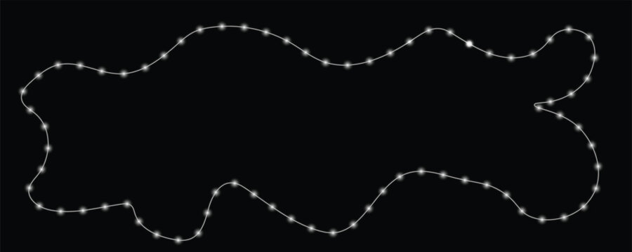 Christmas lights with glowing bulbs for holiday cards . Christmas bulbs twinkle with gentle shine, festive garland string light and banners black background 