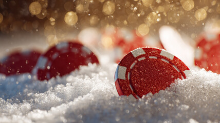 Closeup Red Casino Poker Chips Half Buried in White Snow Golden Bokeh Background Winter Holiday Promotion