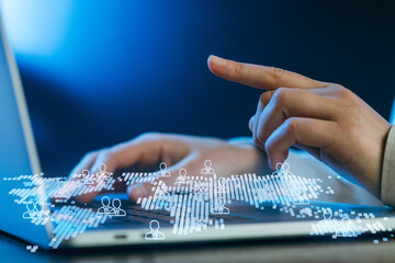 Connecting people through technology using a laptop and digital maps in a modern workspace