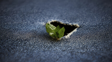 Green leaf denim hole texture macro closeup fabric nature concept