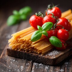 Spaghetti pasta with tomato sauce and cherry tomatoes with basil on a dark background. Selective focus copy space
