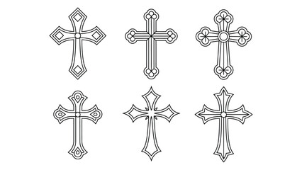  Set of decorative christian crosses line art collection featuring vintage ornate religious symbols isolated on white background for faith spirituality and worship designs