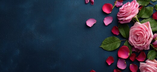 Vibrant Pink & Red Roses on Dark Blue Background, Ideal for greeting card designs, romantic marketing visuals, floral decor templates, luxury brand backdrops, or celebratory event materials