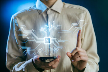 Person holding a smartphone with digital AI circuit graphics in a dark environment