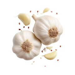 Fresh garlic bulbs and cloves artfully arranged with spice on a dark background