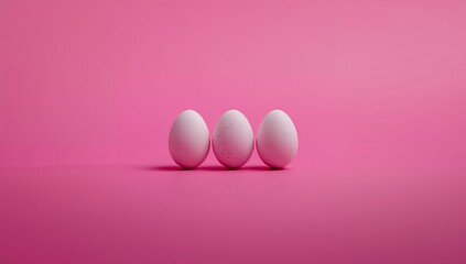 Fototapeta premium Three Chicken Eggs on Vibrant Pink Gradient Background with Minimalist Studio Lighting