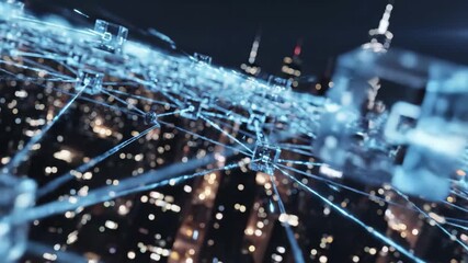 Abstract digital blockchain network connecting glowing cubes over blurred city skyline at night, 4k high quality - Powered by Adobe