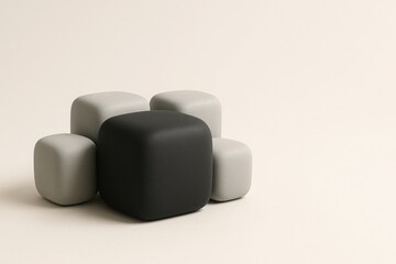 Cluster of matte 3D blocks centered around one large dark block on soft neutral background, clean minimal layout symbolizing digital system architecture or modular structure