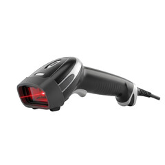 Barcode scanner with red laser beam on black background