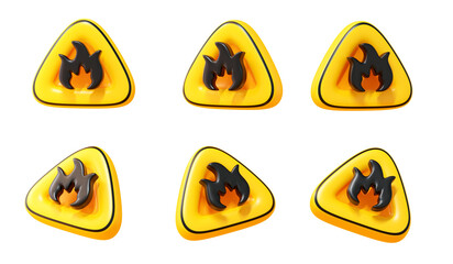 Yellow 3D Fire Flame Warning Sign With Flammable Danger Burn Symbol For Hot Caution Alert