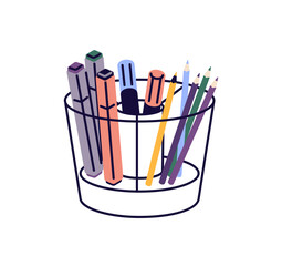 Stationery stand with pencils, felt tip pens. Holder for school and office supplies with crayons, highlighters, markers, drawing tools for kids. Flat isolated vector illustration on white background