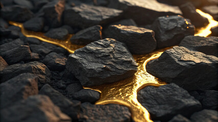 Golden Liquid Flowing Through Dark Rocks