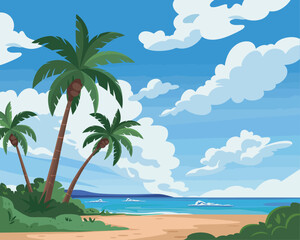 Obraz premium Tropical beach with palm trees and clear blue ocean under a cloudy sky