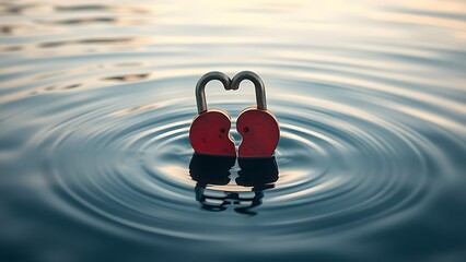 millenary. A broken heart-shaped lock floating on calm water, split in two pieces in soft morning light. wellbeing guides, coaching materials, designed for coaching and self-improvement content.