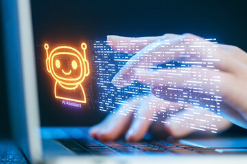 Creating an artificial intelligence assistant on a laptop with glowing graphics and hands typing in a modern workspace