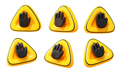 Yellow 3D Stop Hand Warning Sign Set With Forbidden Danger Symbol For Caution Alert Safety