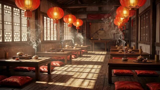 Chinese restaurant interior with red lanterns, wooden tables, and traditional tea sets at different angles. Ambient light for Lunar New Year.