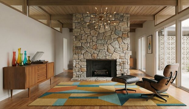 Mid-Century Modern Living Room with Stone Fireplace and Eames Lounge Chair