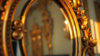 scrollwork. Close-up of an ornate gilded mirror reflecting its own intricate carvings and decorations. real-estate listings.