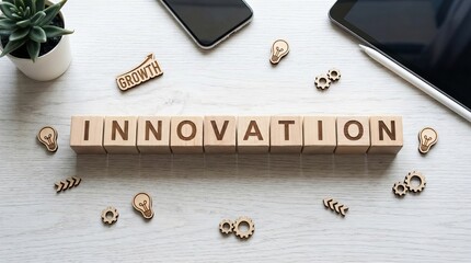Wooden cubes spelling 'Innovation' in modern workspace, creativity and technology concept, lightbulb symbols, future growth theme