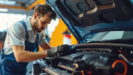 Mechanic working on car engine in garage, close-up, repair service, automotive expert