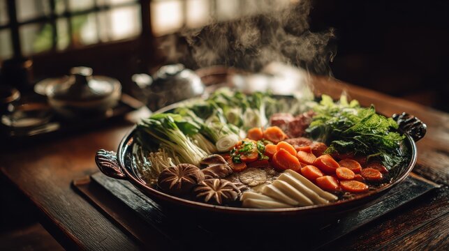 Traditional japanese sukiyaki hot pot steaming on table