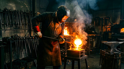 Skilled blacksmith forges glowing hot metal in a traditional workshop setting with protective gear and apron