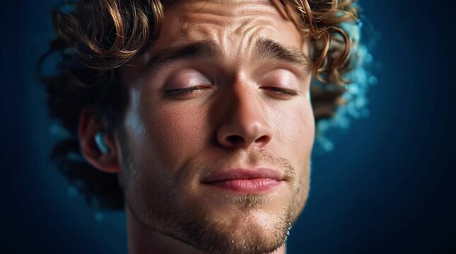 A man with curly hair closes his eyes, expressing peace and relaxation. The image conveys a sense of tranquility and inner reflection