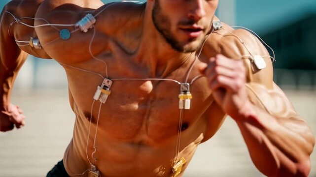 Muscular athlete with sensors on chest trains outdoors symbolizing sports science performance tracking and high intensity fitness workout