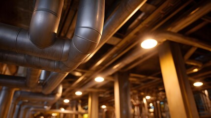 A network of industrial pipes runs overhead in a dimly lit factory or plant illuminated by warm glowing lights creating an atmospheric scene