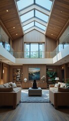 The living room of a house with impressive wood and skylights