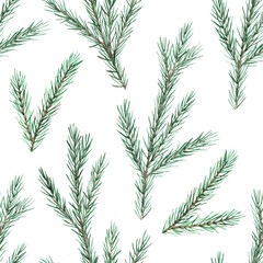 Watercolor Christmas seamless pattern with fir branches. Hand drawn illustration on white background, for wallpaper, wrapping