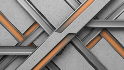 Architectural background, Futuristic abstract architectural composition with interlocking metal beams and steel frames. Geometric abstraction featuring layered structural elements, overlapping shapes,