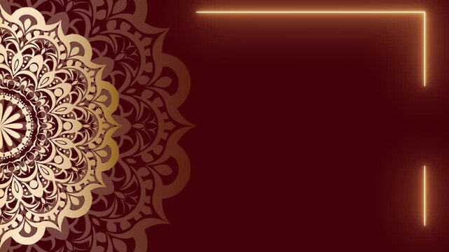 Elegant Golden Mandala Design with Neon Frame on Burgundy Background.