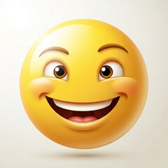 Fototapeta premium A cheerful yellow smiley face with a wide grin and raised eyebrows on a plain background