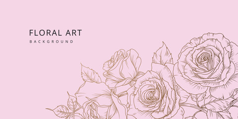 Floral elegant pink background with hand drawn roses in gold. Vector design template for wedding invitation, card, poster, business card, flyer, banner, label