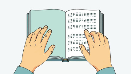 Hands holding an open book with braille text on the pages, viewed from above