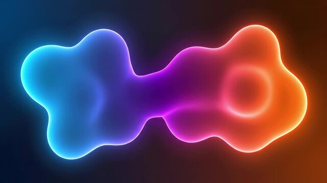 Abstract glowing neon metaballs connected in a moleculelike structure with blue, purple, and orange gradients, 4k high quality