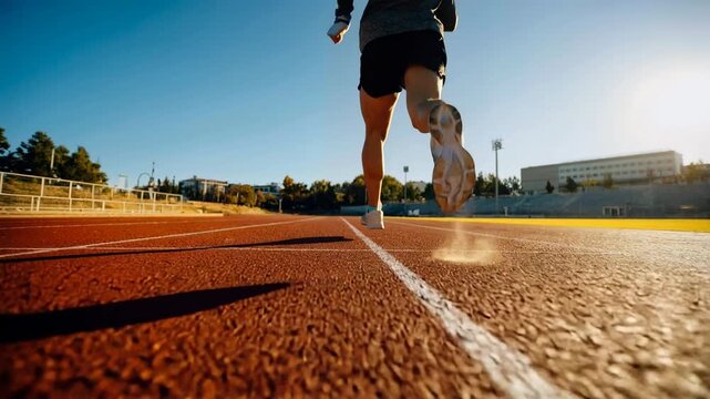 Low angle view of runner legs on track emphasizes speed power and endurance during outdoor fitness training session at stadium