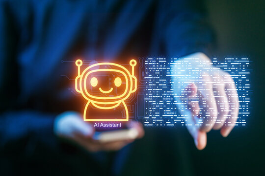 Artificial intelligence assistant interacting with digital data in a modern office setting during the evening shift - Powered by Adobe