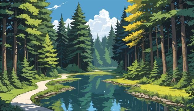 a winding forest river with a walking path. Tall pine trees, blue sky, clouds, water reflection, peaceful summer nature background