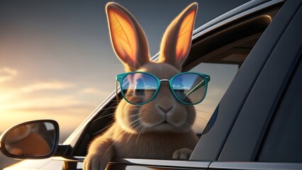 Easter bunny wearing sunglasses riding in a car on easter morning