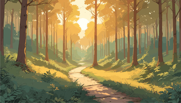 Comic style vector illustration of a forest path at sunset. Golden sunlight filtering through trees, warm orange glow, peaceful nature background, scenic summer landscape