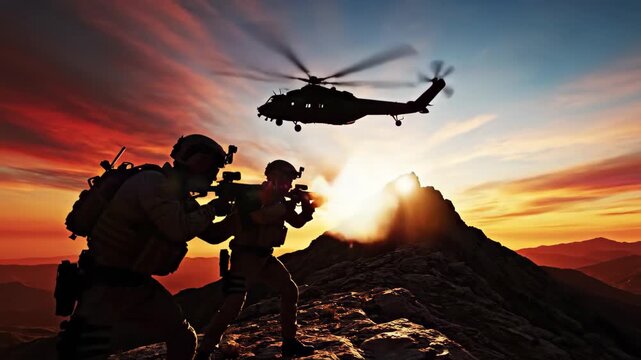 Silhouette of two soldiers with assault rifles on mountain peak during sunset with helicopter overhead, 4k high quality