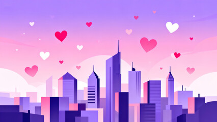 Pink-Purple Heart Urban Skyline 3D Illustration Scene