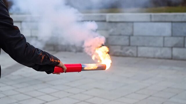 手にした発煙筒が煙と炎を放ち周囲に強く注意を促す緊急時の行動